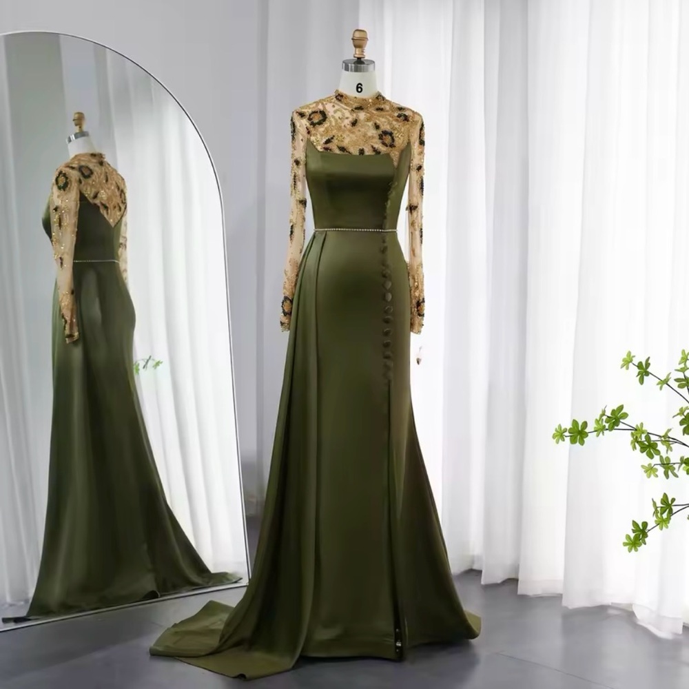 Modest Olive Green and Gold Embellished Evening Gown with Side Skirt & Slit
